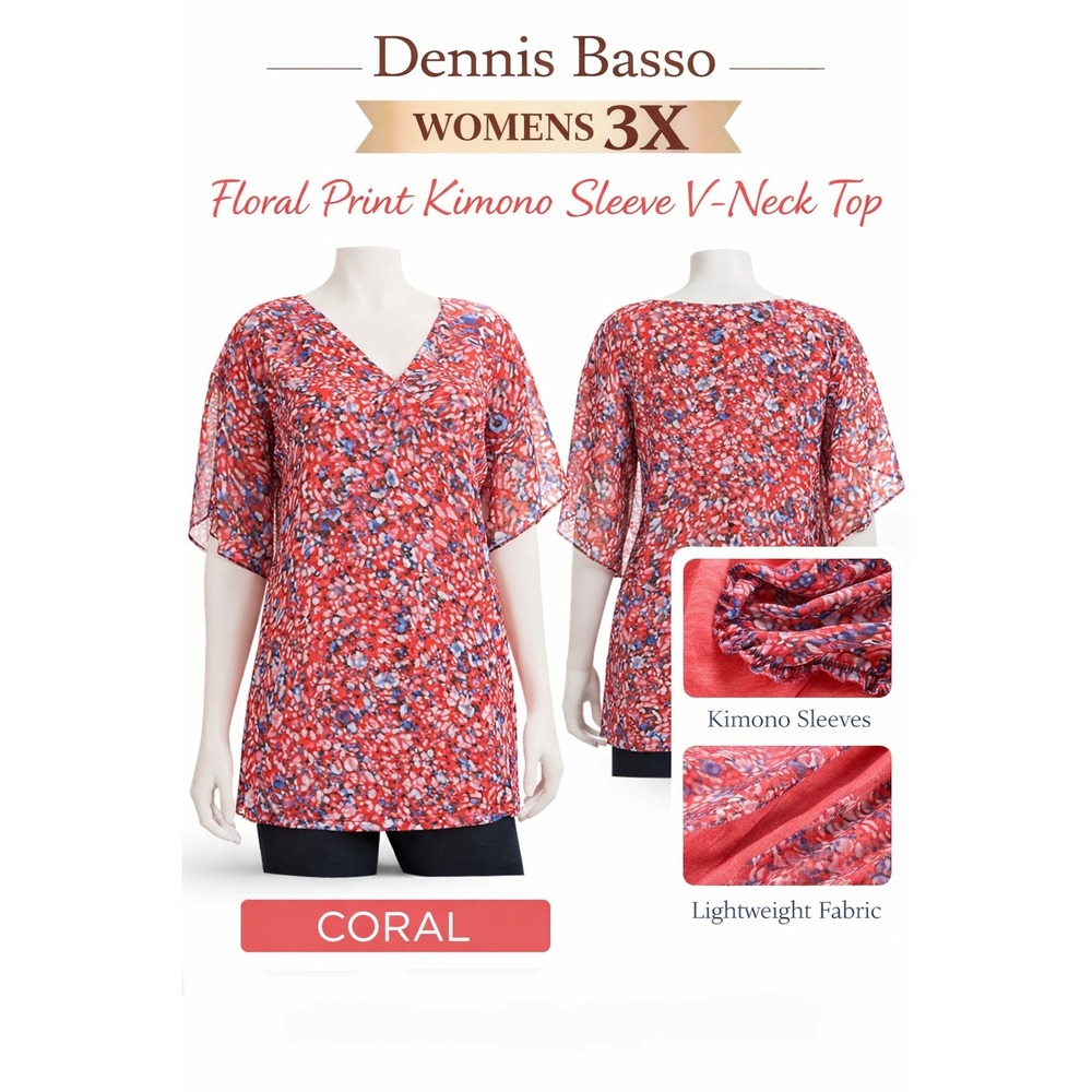 Dennis Basso Womens 3X Floral Kimono Sleeve V Neck Top Coral Blue A224432 NWT